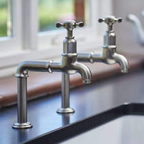 Perrin & rowe mayan deck mounted bib taps with x-head handles (pewter).