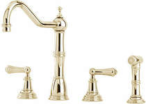 Perrin & Rowe Alsace 4 Hole Kitchen Tap With Lever Handles & Rinser (Gold).