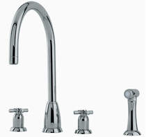 Perrin & Rowe Callisto 4 Hole Kitchen Tap, X-Head Handles & Rinser (Pewter).